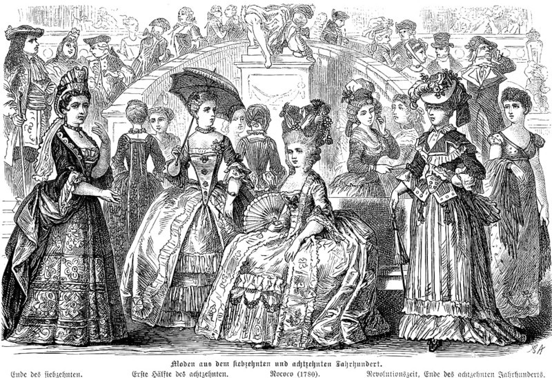 Fashions from the 17th and 18th century, ladies, dresses, hat, umbrella, society, social upper class, wealth, presentation, festive, Prussian history, historical illustration 1882