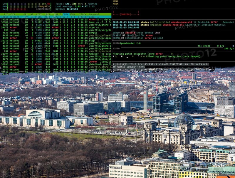 Symbolic image cyberattack, computer crime, cybercrime, computer hackers attack the IT infrastructure of a city, government district, Reichstag, Berlin