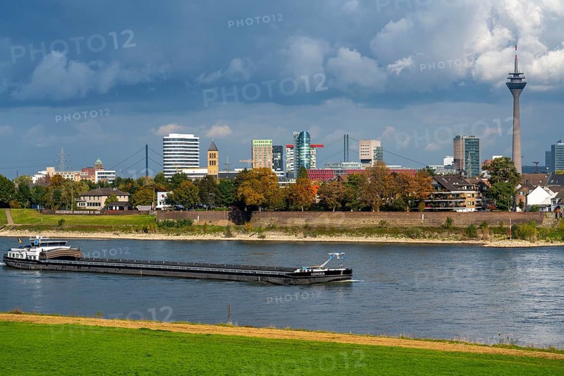 The skyline of Düsseldorf, with the skyscrapers in the Media Harbour, Rhine bridges, Rhine Tower, in front residential buildings on the Rhine in the Hamm district, cargo ship on the Rhine, Düsseldorf, North Rhine-Westphalia, Germany, Europe