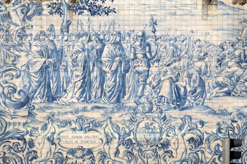 A detailed view of the exquisite blue and white azulejos tiles adorning the walls of Igreja do Carmo Church in Porto, Portugal, Europe