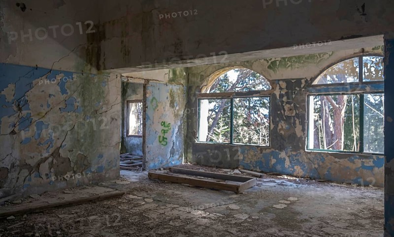 Ruins in the ghost town of Eleousa, former sanatorium for tuberculosis, Lost Place, Rhodes, Dodecanese, Greek island, Greece, Europe
