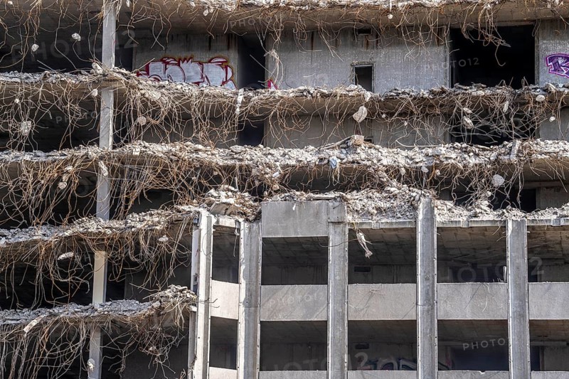 Demolition of a former office building, after complete gutting only the concrete parts of the façade remain, on Haroldstraße, Düsseldorf, North Rhine-Westphalia, Germany, Europe
