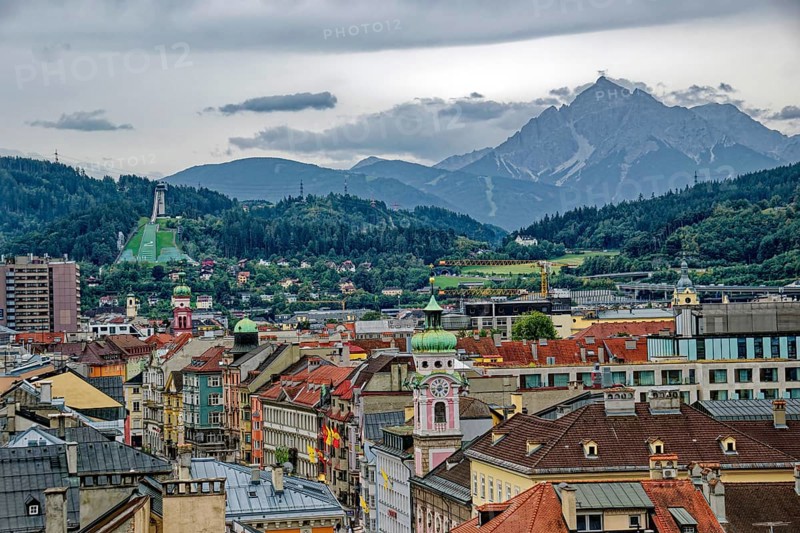 View from the Innsbruck city tower of the Bergisel ski jump and the mountains of the Alps, Innsbruck, Tyrol, Austria, Europe