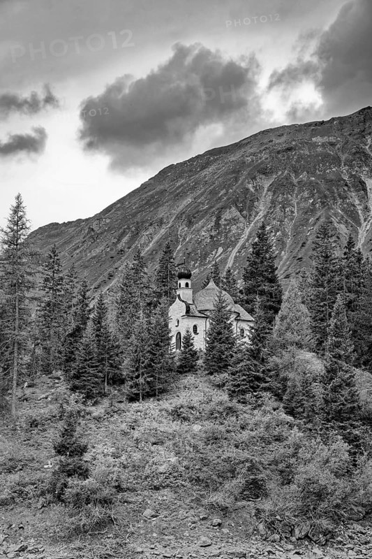 Lake Chapel Maria am See, Obernberger See, mountain lake, landscape of the Stubai Alps, weather mood, Lake Chapel Maria am See, black and white photography, Obernberger See, mountain lake, landscape of the Stubai Alps, weather mood, Obernberg am Brenner, Tyrol, Austria, Europe