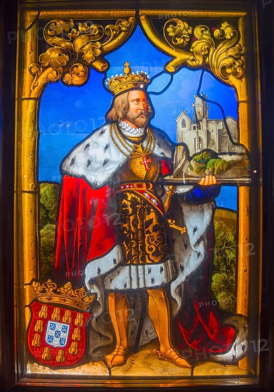 Depiction of a king with crown and mantle in front of a castle, in a medieval stained glass window, Palácio Nacional da Pena, Pena National Palace, Sintra, Lisbon, World Heritage Site, UNESCO, Portugal, Europe