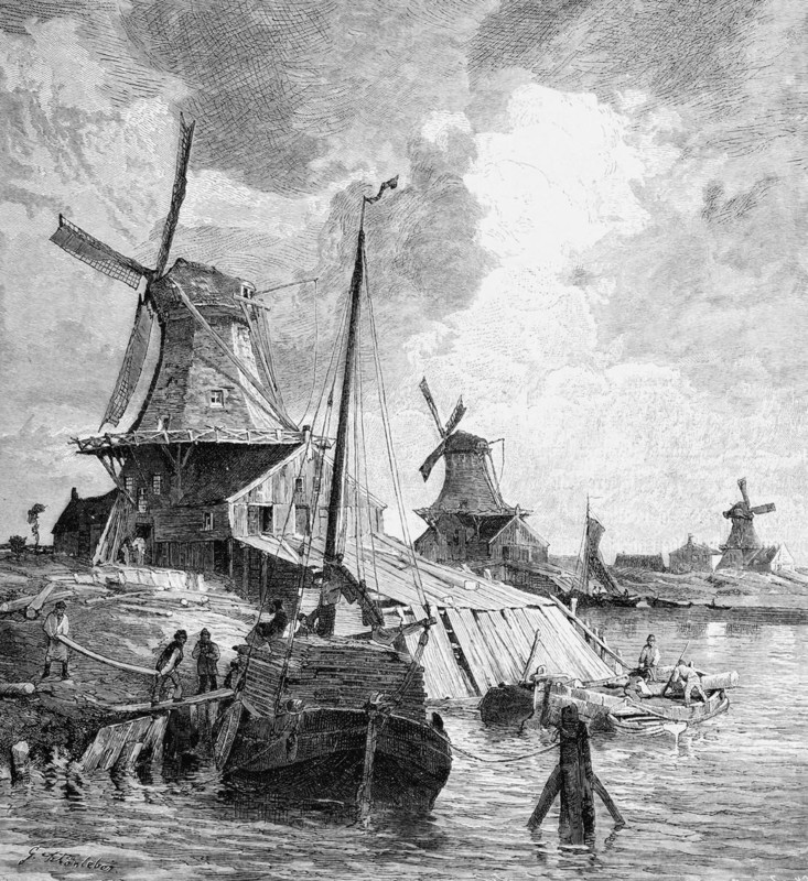 Sawmills on the river Leda, East Frisia, Lower Saxony, Germany, windmills, wood processing, sawmill, craft, wooden planks, transport, barge, historical illustration 1880, Europe