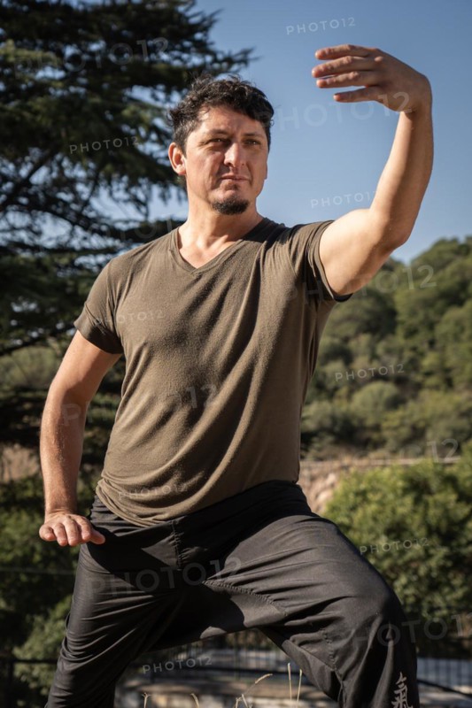 Vertical portrait from a low angle of a middle-aged Caucasian man training alone in martial arts. Tai Chi Chuan outdoors