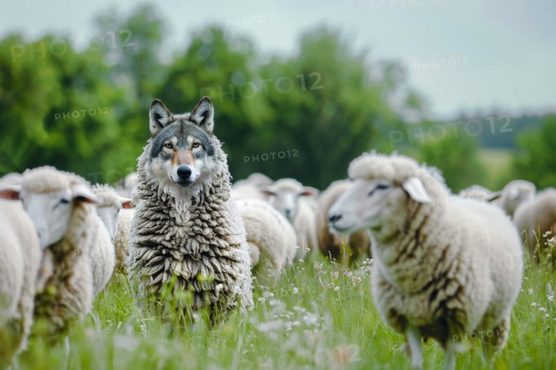 Depiction of a wolf in sheep's clothing, example of a figure of speech, metaphor, visualisation for an enemy disguised as a friend, AI generated, AI generated, AI generated