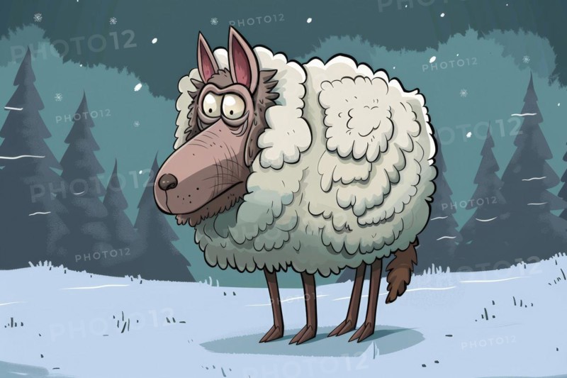 Illustration, funny caricature of a wolf in sheep's clothing, example of a figure of speech, metaphor, visualisation for an enemy disguised as a friend, AI generated, AI generated, AI generated