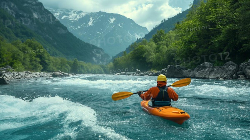 Kayaker paddling the rapids of A beautiful mountain river. generative AI, AI generated