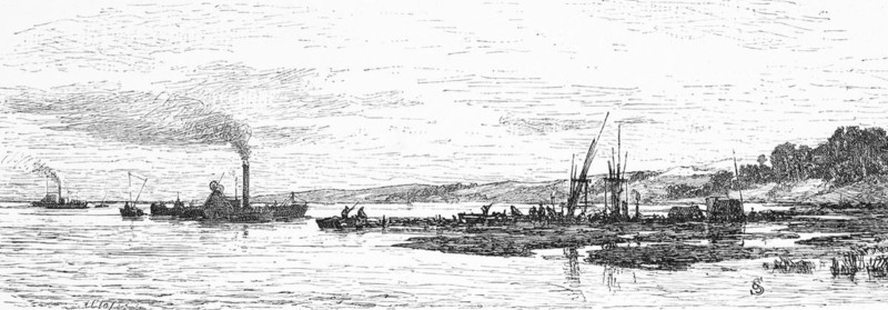 Amber dredger on the Curonian Spit, Curonian Lagoon, Lithuania, amber, dredger, tree resin, fossilisation, economy, trade, shore, historical illustration 1880, Europe