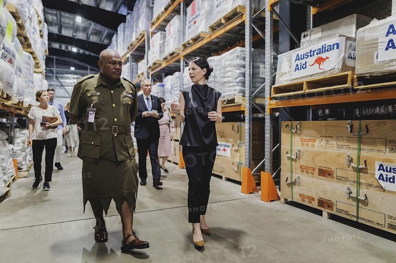 Annalena Bärbock (Bündnis 90/Die Grünen), Federal Foreign Minister, photographed during a visit to the camp with relief supplies at the Fijian Armed Forces base Blackrock Peacekeeping and Humanitarian Assistance and Disaster Relief Camp in Nadi, 07.05.2024. Bärbock is travelling to Australia, New Zealand and Fiji for political talks / Photographed on behalf of the Federal Foreign Office