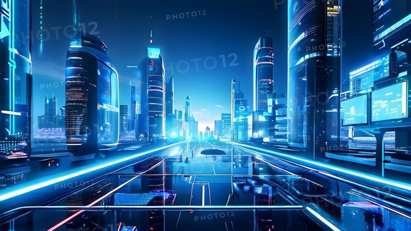 AI generated virtual reality tour highlighting a state of the art futuristic cityscape with interactive holograms