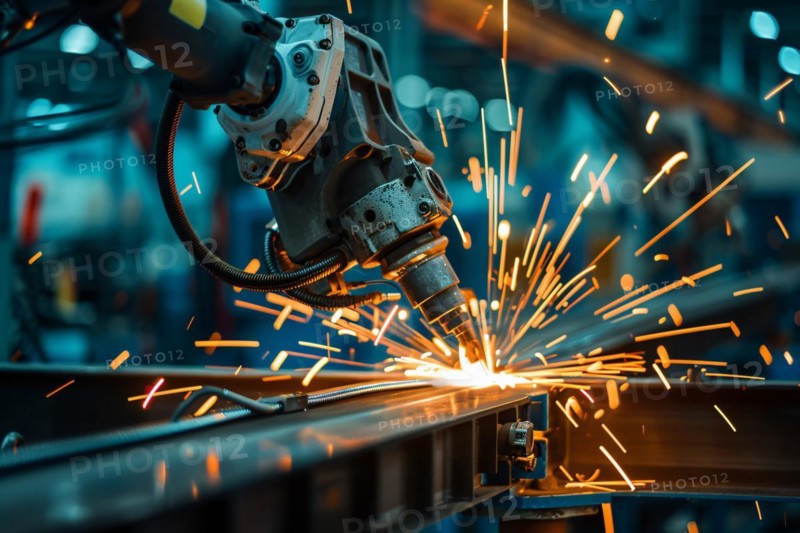 Close up of automated industrial laser cutting material with sparks. KI generiert, generiert, AI generated
