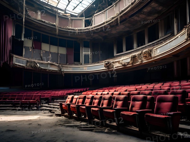 Abandoned theater with tattered seats and an empty stage, AI generated