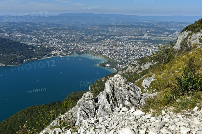 View from Mont Veyrier to the lake of Annecy, Lac d'Annecy, and the town of Annecy, Haute-Savoie, France, Europe