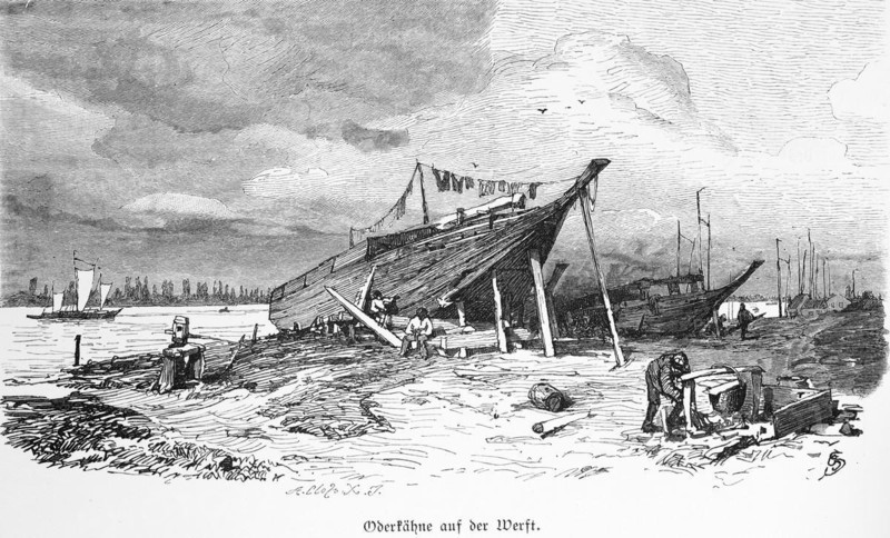 Oder barges at the shipyard, Stettin or Szczecin, Poland, river, bank, shipbuilding, repair, workers, craft, wooden ships, sailing boat, historical illustration 1880, Europe