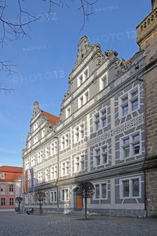 Renaissance building with sgraffiti and flags, EU flag, German state flag, Bavarian state flag, grey, white, former court chancellery, administrative court, Montegelaplatz, Ansbach, Middle Franconia, Franconia, Bavaria, Germany, Europe