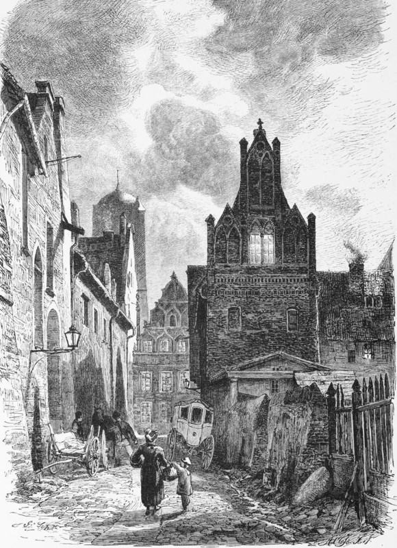 Alley in Stralsund, Baltic Sea, Mecklenburg-Western Pomerania, Germany, carriage, mother, child, cobblestone pavement, historical illustration 1880, Europe