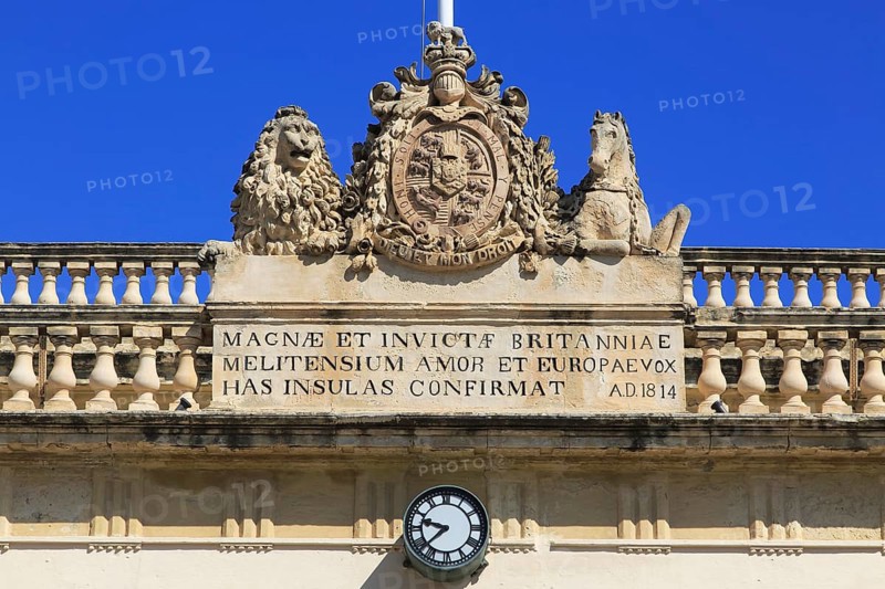 Latin writing from British colonial era, Main Guard building, Plaza St George, Valletta, Malta, Europe
