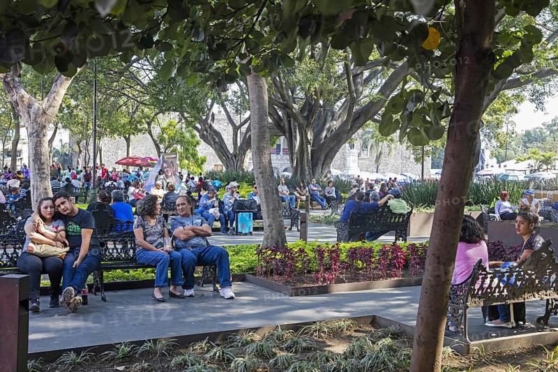 Mexicans in the Jardin Juárez, Juarez Garden, Zócalo, oldest public square in the city centre of Cuarnavaca, state of Morelos, Mexico, Central America