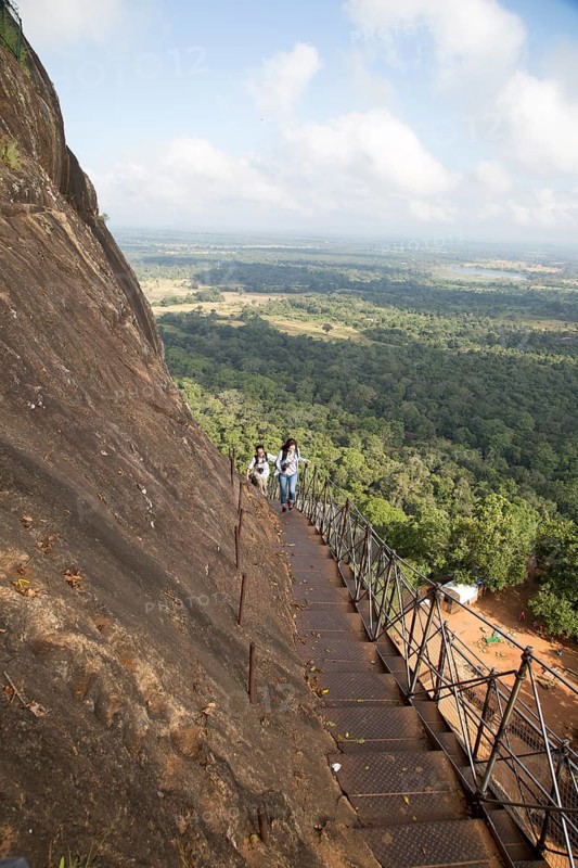 Metal staircase ascending from rock palace fortress, Sigiriya, Central Province, Sri Lanka, Asia