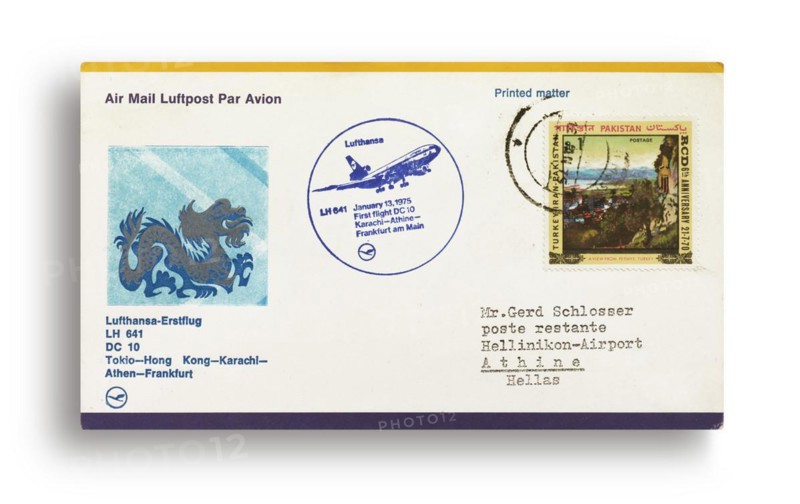 First flight letter, first flight cover, Lufthansa first flight LH641 with DC-10 from Tokyo, Japan, via Hong Kong, Karachi, Pakistan, Athens, Greece to Frankfurt, Germany on 13 January 1975, Asia