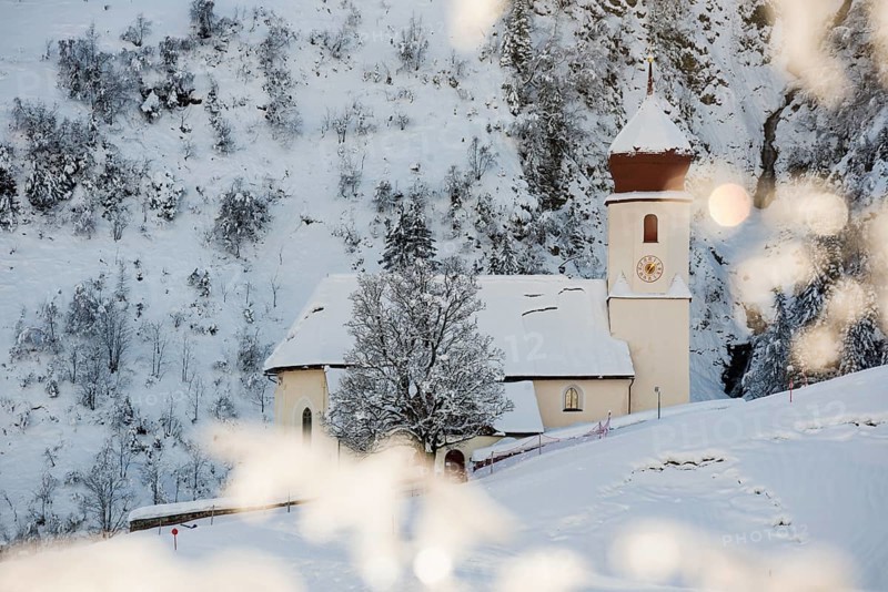 Snow-covered church, Sankt Nikolaus, Damüls, Bregenzerwald, Vorarlberg, Austria, Europe