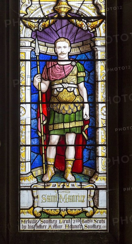 Saint Maurice stained glass Parish Church of St Aldhelm, Bishopstrow, Wiltshire, England, United Kingdom, Europe