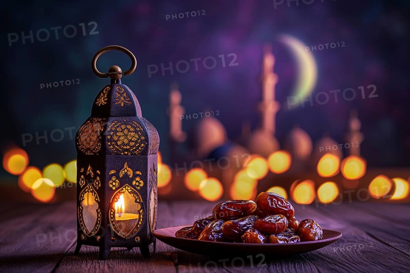 Ramadan lantern with a plate of succulent figs in violet purple tones with mosque and moon, set on an ornate table with intricate designs. Rich traditions and serene moments of the holy month Ramadan, AI generated