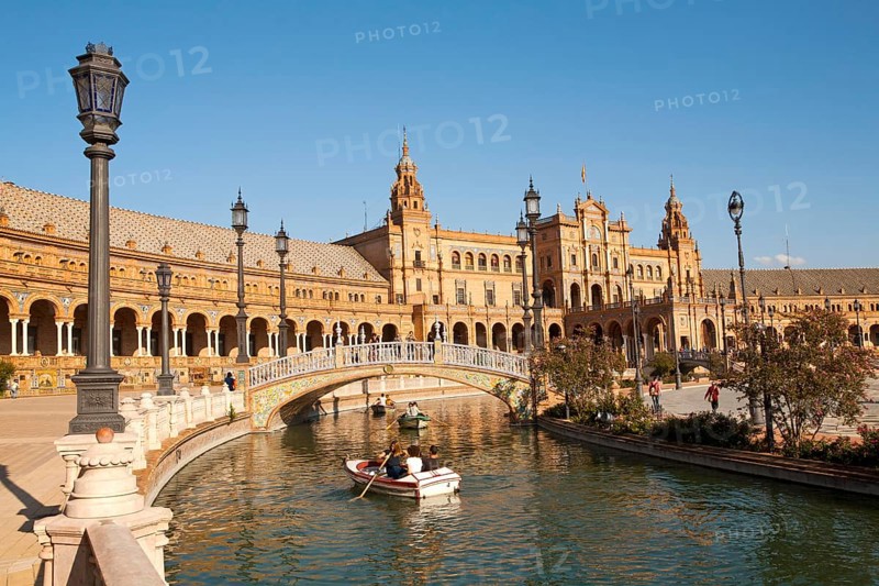 The Plaza de España, Seville, Spain built for the Ibero-American Exposition of 1929. It is a landmark example of the Renaissance Revival style in Spanish architecture