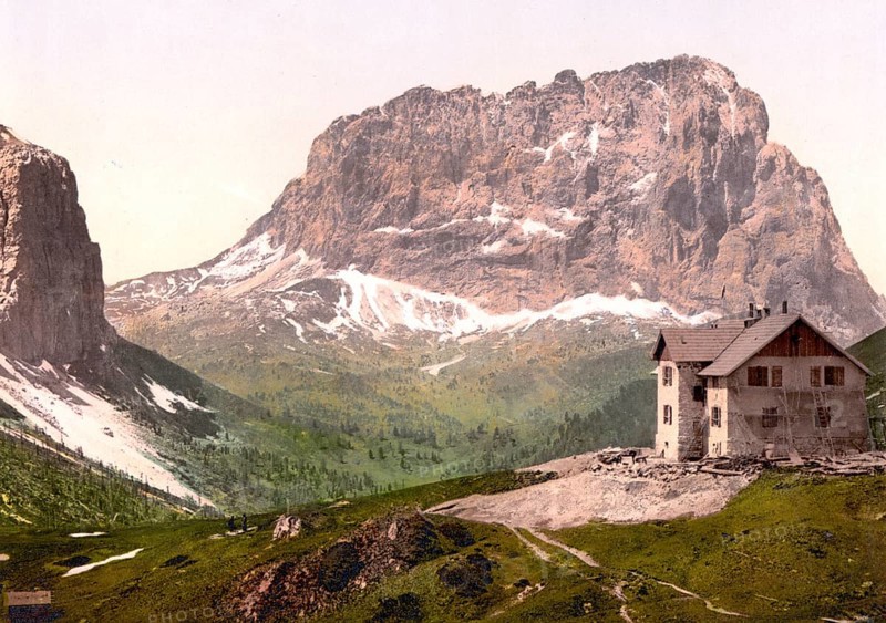 Val Gardena, Gardena Pass, Hospice and Langkofl mountain, Tyrol, formerly Austro-Hungary, today Italy, c. 1890, Historic, digitally restored reproduction from a 19th century original Val Gardena, Hospice and Langkofl mountain, Tyrol, former Austro-Hungary, today Italy, 1890, Historic, digitally restored reproduction from a 19th century original