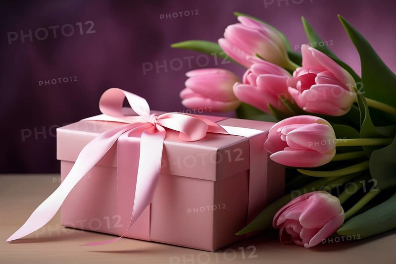 Gift Box with Pink Ribbon Beside bouquet of Fresh Tulips on Bokeh Background. Good for Valentine day, March 8, mother day, spring holidays, birthday designs, AI generated