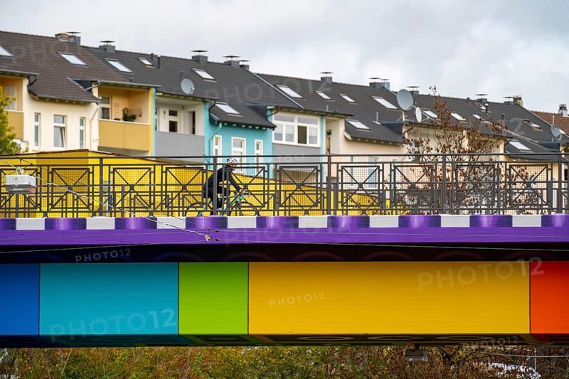 The Rainbow Bridge or Lego Bridge 2.0, over Dahler Straße, B7, undersides of bridges designed by artists, part of the Nordbahntrasse, a former railway line, now a cycle and footpath, Langerfeld district, Wuppertal, North Rhine-Westphalia, Germany, Europe