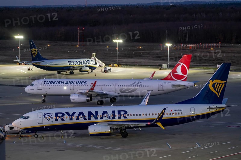 Ryanair and Turkish Airlines aircraft on the apron of Cologne-Bonn Airport, North Rhine-Westphalia, Germany, Europe