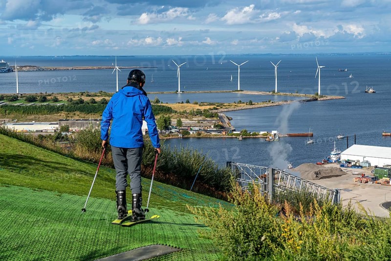 CopenHill, waste incineration plant and artificial ski slope, skiing with a view of the Øresund, 90 metres high and 400 metres long slope on artificial turf, Copenhagen, Denmark, Europe