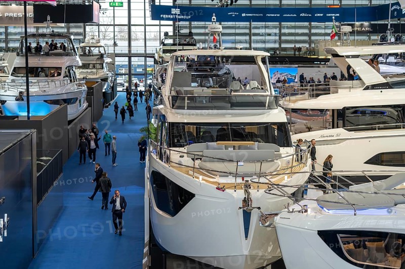 Large yachts, luxury yachts, in Hall 6 of BOOT 2024, the world's largest yacht and water sports trade fair in Düsseldorf, North Rhine-Westphalia, Germany, Europe