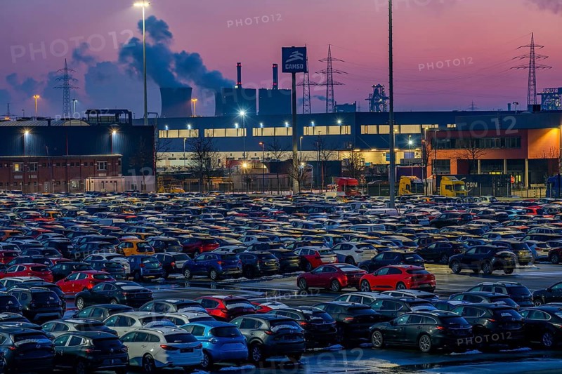 Car terminal in the Logport I inland port in Duisburg on the Rhine, vehicle handling of new cars, storage area, behind the HKM steelworks in Duisburg-Hüttenheim, North Rhine-Westphalia, Germany, Europe