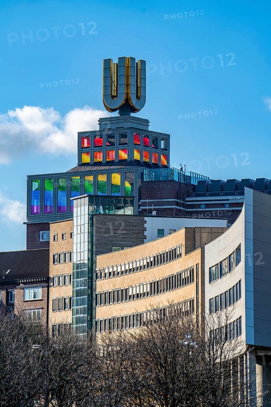 The Dortmunder U, art museum, former brewery, video screens with the rainbow flag, solidarity action during the 2022 World Cup in Qatar, North Rhine-Westphalia, Germany, Europe