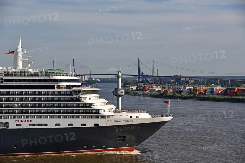 Europe, Germany, Hanseatic City of Hamburg, Elbe, harbour, bow of the passenger ship Queen Victoria, leaving Hamburg, view to the Köhlbrand bridge, Europe