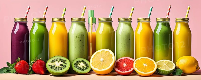 Smoothie surrounded by an assortment of fruits and vegetables, AI generated