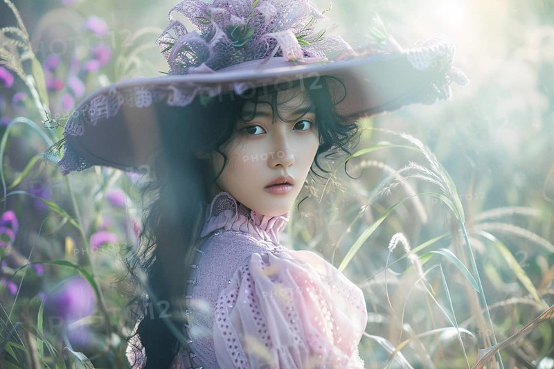 Beautiful young Asian woman dressed up with unusual pastel violet Halloween witch costume hat and dress. Generative Ai, AI generated