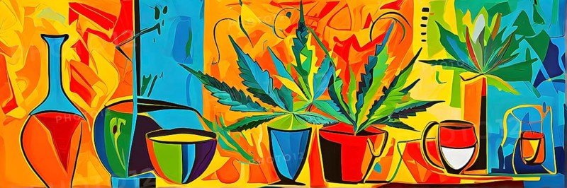 Abstract composition of a cannabis cafe with ambiance bold contrasting colors and playful shapes, AI generated
