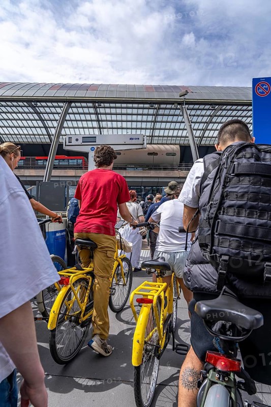 GVB ferries for pedestrians and cyclists across the river Ij, at Amsterdam Centraal station, free of charge, to the eastern parts of the city, Netherlands