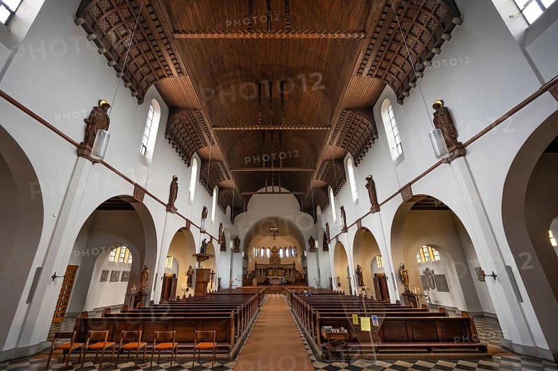 Interior with wooden ceiling of St Otto's Church, built from 1912 to 1914 in Art Nouveau style, Siechenstraße 61, Bamberg, Upper Franconia, Bavaria, Germany, Europe