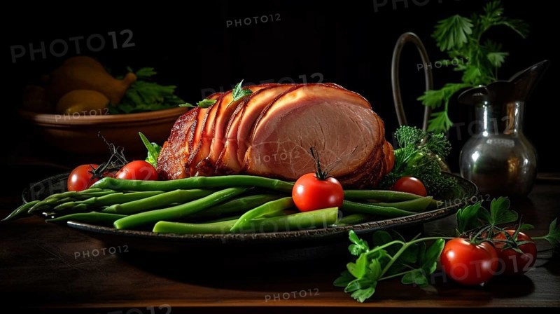 Succulent honey ham with vegetables meal, generative AI, AI generated