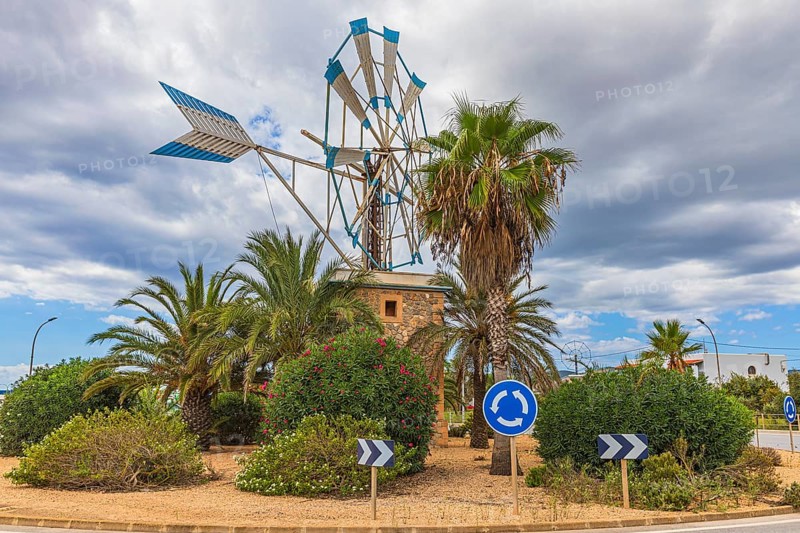 Windmill in a roundabout in Sant Jordi, Ibiza, Balearic Islands, Mediterranean, Spain, Europe