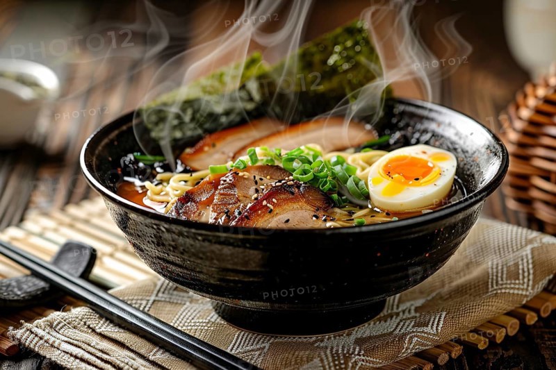 Ramen with miso broth, tender pork slices, soft-boiled egg, and nori in bowl. Generative Ai, AI generated