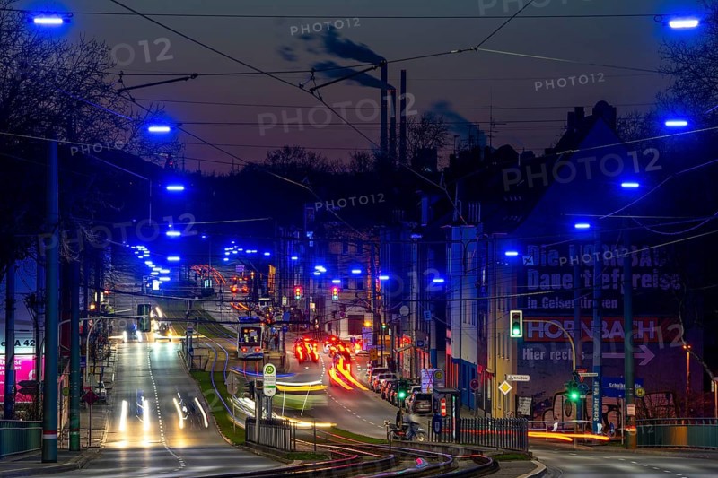 The Blue Ribbon, a light installation along Kurt-Schumacher-Straße, in Gelsenkirchen Schalke, 2.7 km long, organised by the Schalker Markt Foundation, North Rhine-Westphalia, Germany, Europe
