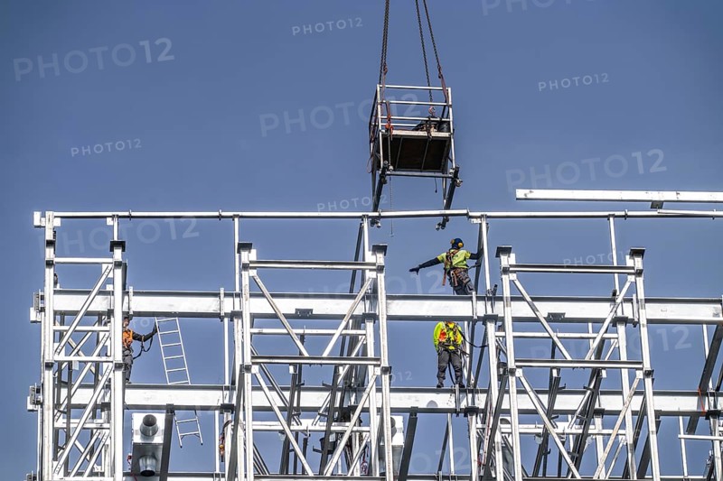 Construction of a high-bay warehouse, storage system for high space utilisation, in steel construction, North Rhine-Westphalia, Germany, Europe